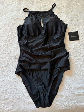 Ellen Tracy Black Ruched Tank One-Piece Swimsuit size 14 nwt